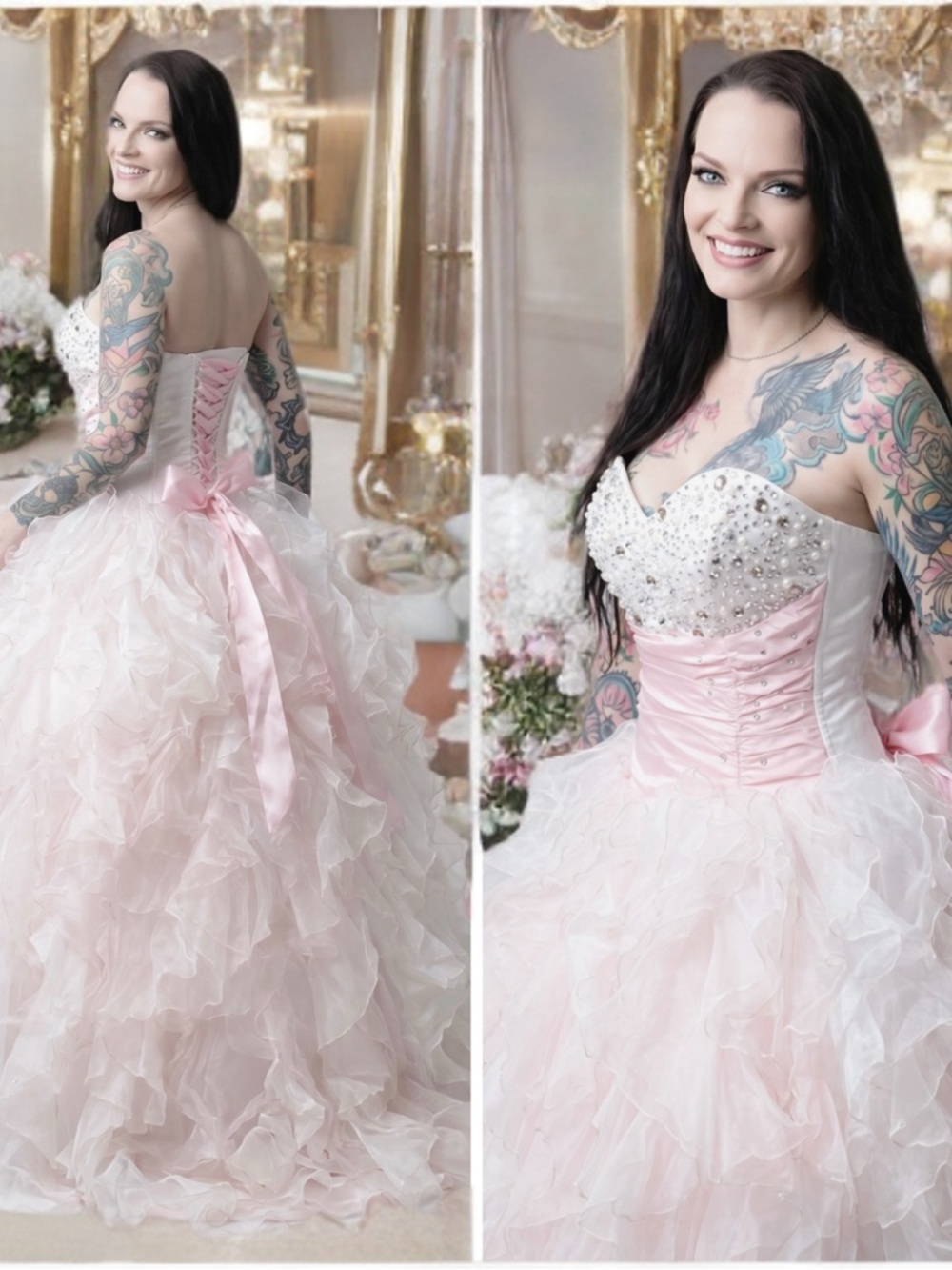 Vintage Handmade Pink White Beaded Quinceanera Dress Corset Ruffle Costume Gown